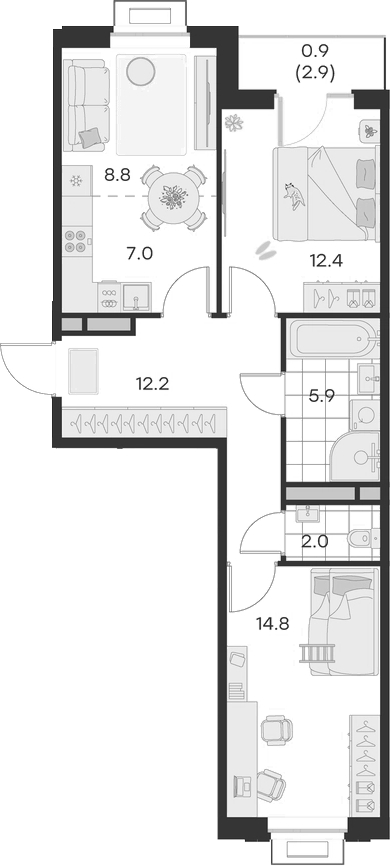 3-комн., 63.1 м², 2/4 этаж, ЖК «Михалевич»