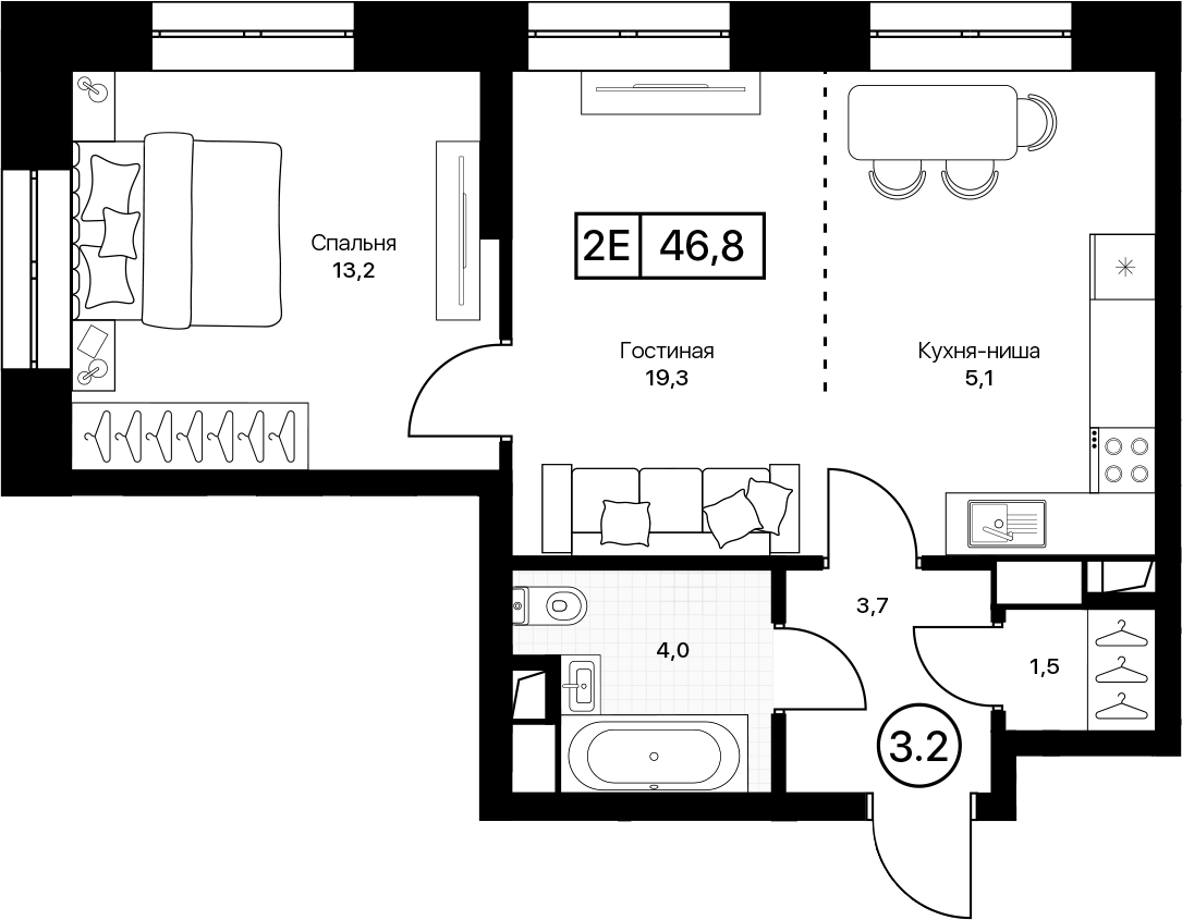2-комн., 46.8 м², 9/17 этаж, ЖК «Пушкино Град»