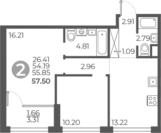 2-комн., 54.19 м², 2/27 этаж, ЖК «Мневники от Гранель»