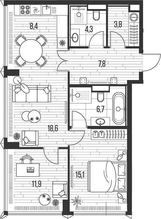 3-комн., 76.6 м², 16/26 этаж, ЖК «HIGH LIFE»