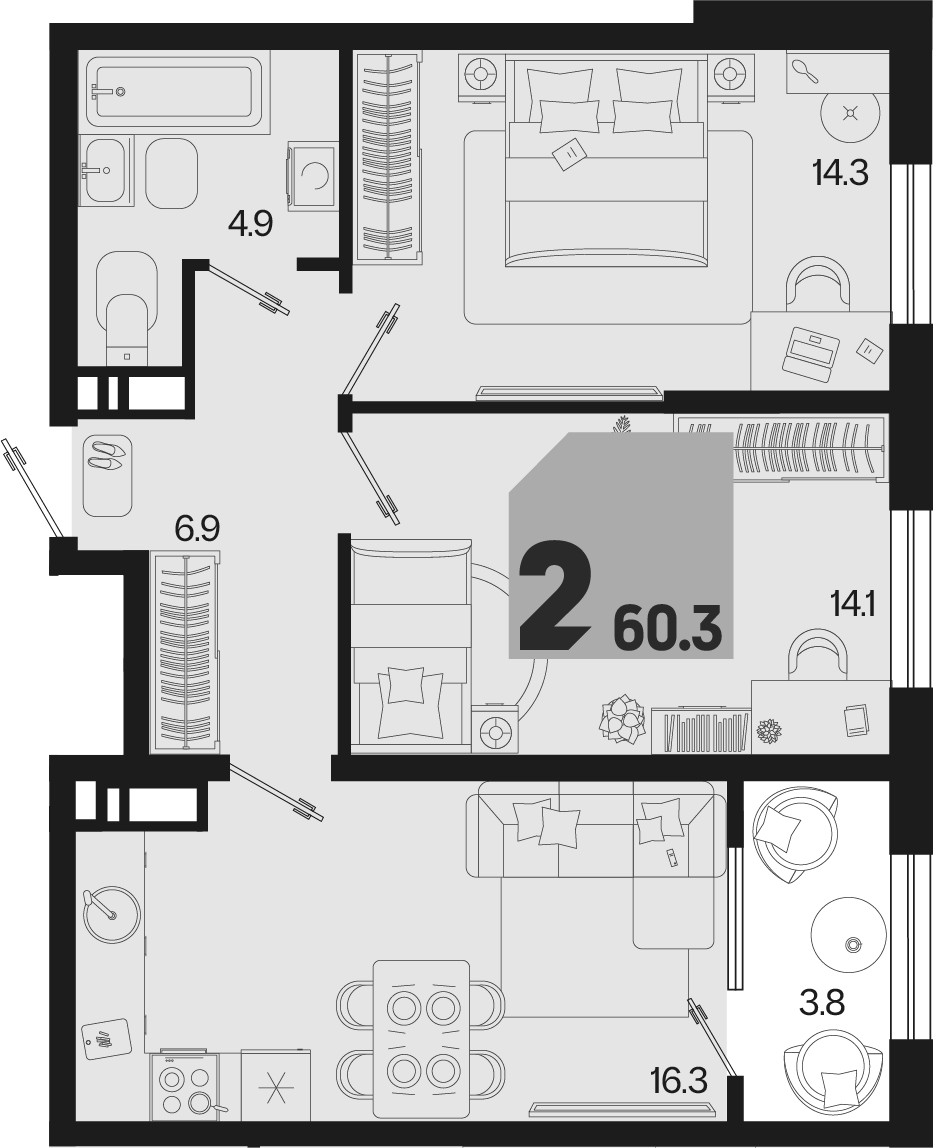 3-комн. квартира, 56.5 м² в ЖК Первое место — фото 2