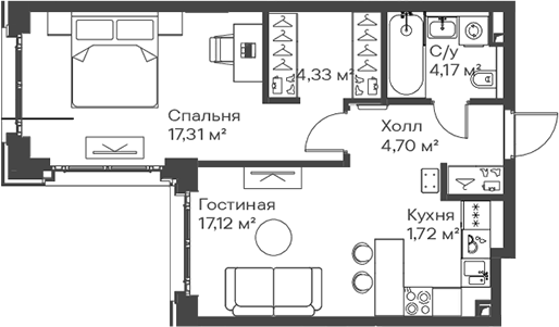 2-комн., 49.35 м², 11/15 этаж, ЖК «Сити Бэй»