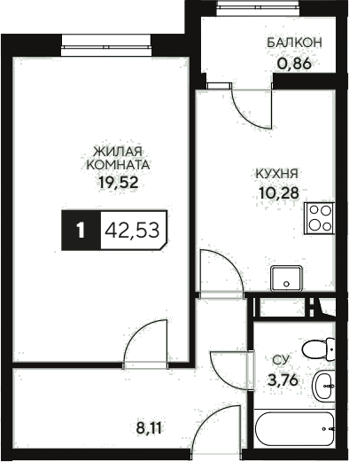 1-комн., 41.67 м², 14/20 этаж, ЖК «Центральный. Гамма»