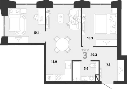 3-комн., 49.3 м², 22/33 этаж, ЖК «Страна.Заречная»