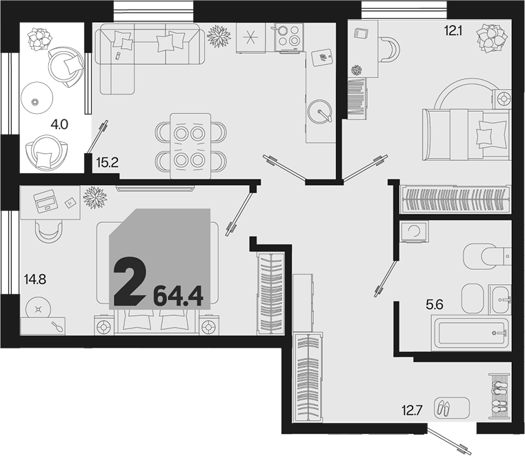 2-комн., 60.4 м², 2/18 этаж, ЖК «Первое место» — фото 2