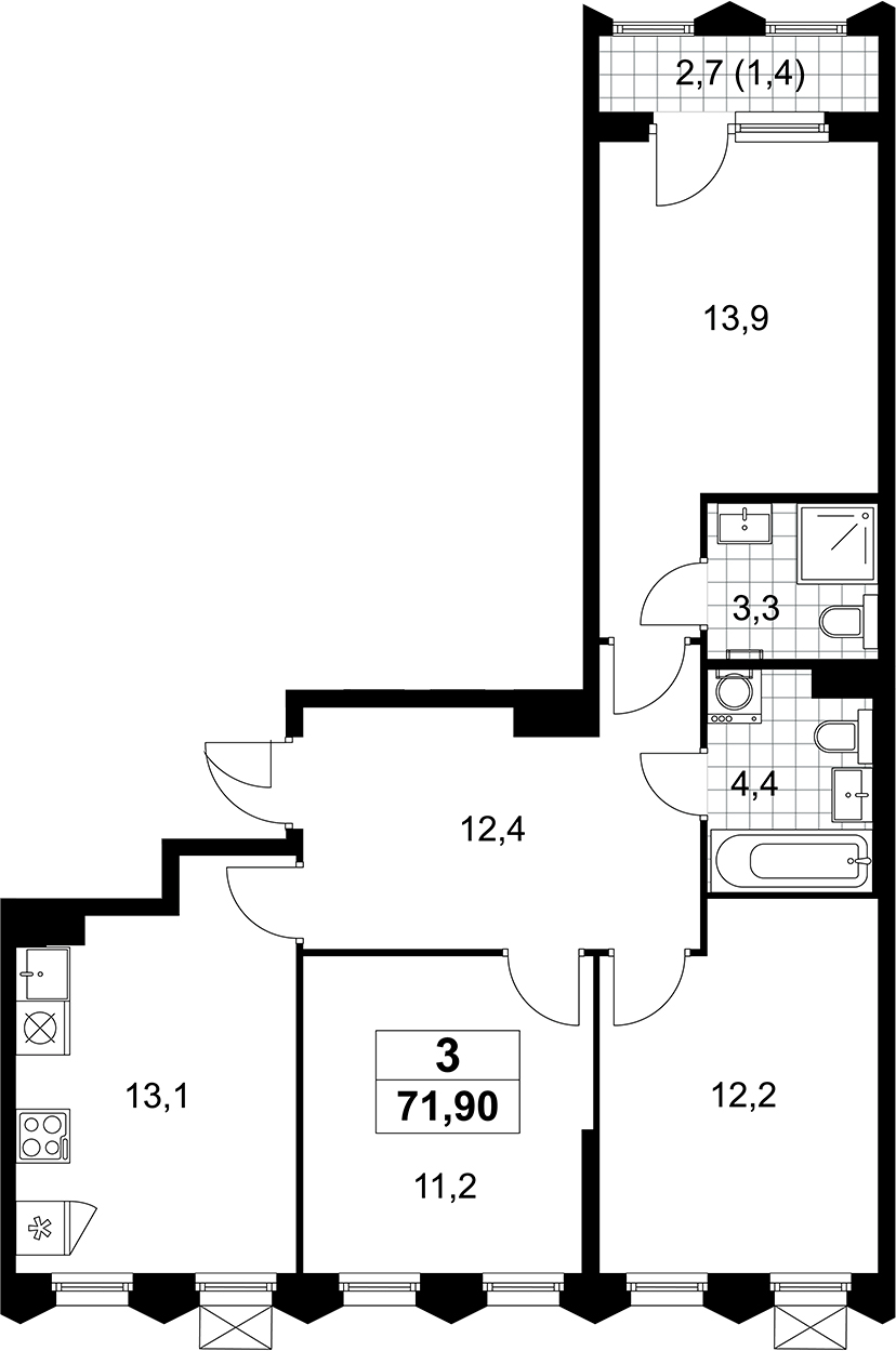 3-комн., 70.5 м², 9/11 этаж, ЖК «Деснаречье»