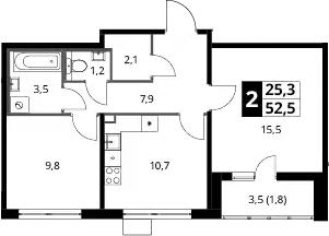 2-комн., 51.8 м², 22/23 этаж, ЖК «Южная Битца»