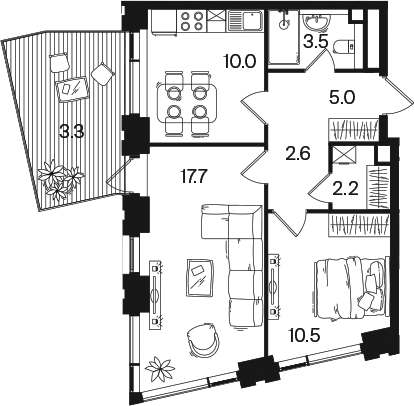 2-комн., 51.5 м², 6/18 этаж, ЖК «РАКУРС»