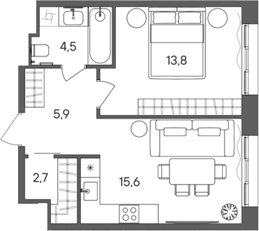 1-комн., 42.5 м², 24/28 этаж, ЖК «СТОУН Сокольники»