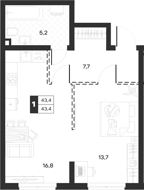 Продается 1-комн. квартира, 43.38 м²