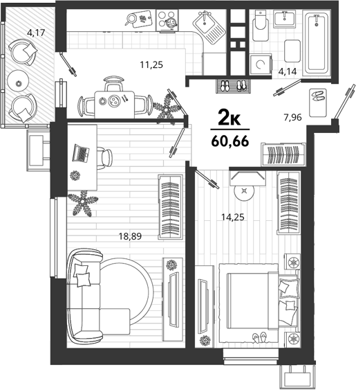 2-комн. квартира, 56.49 м² в ЖК Родные Просторы — фото 2