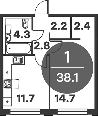 1-комн., 38.1 м², 6/6 этаж, ЖК «Равновесие»