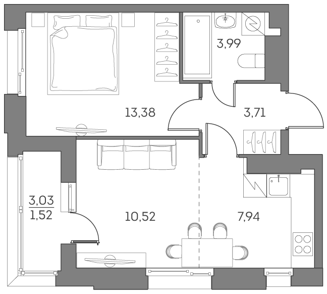 2-комн., 39.54 м², 24/25 этаж, ЖК «Аквилон БИСАЙД 2.0»
