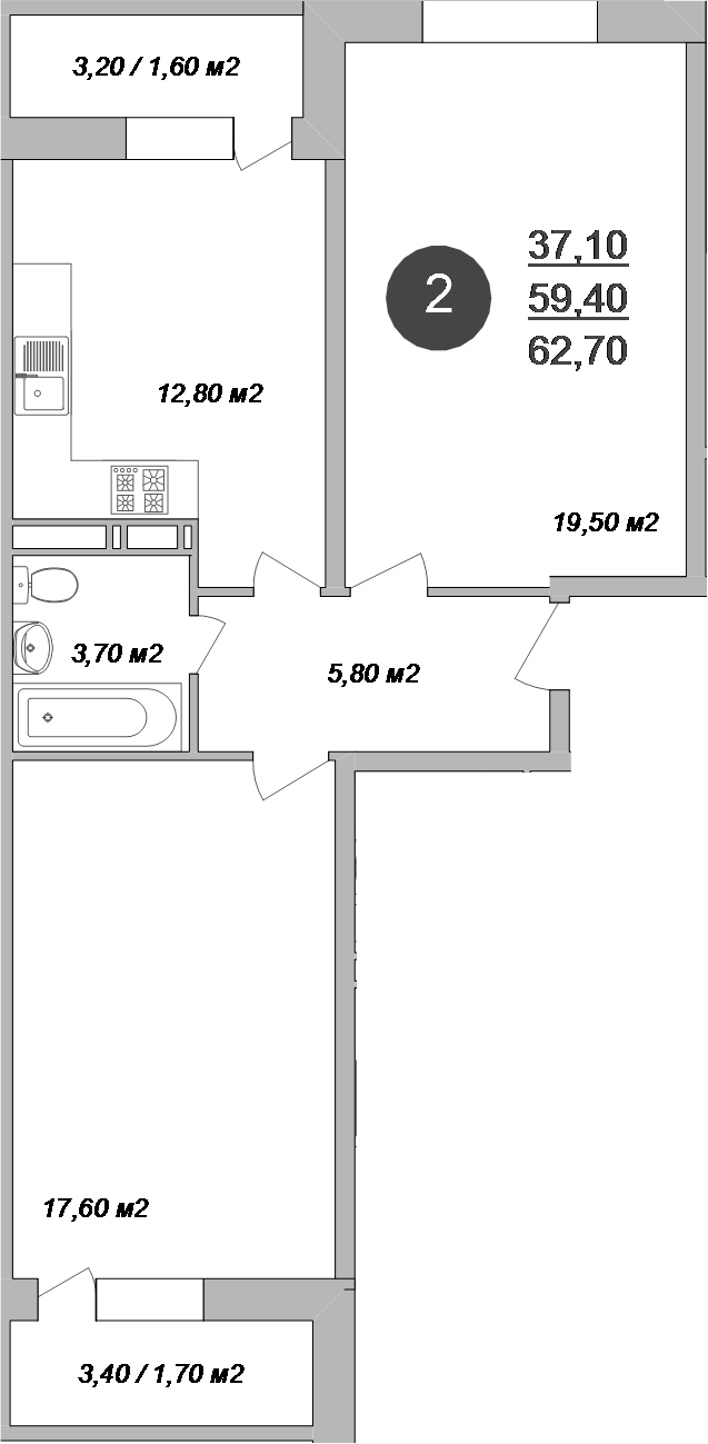 2-комн., 59.4 м², 5/17 этаж, ЖК «Новые Островцы»