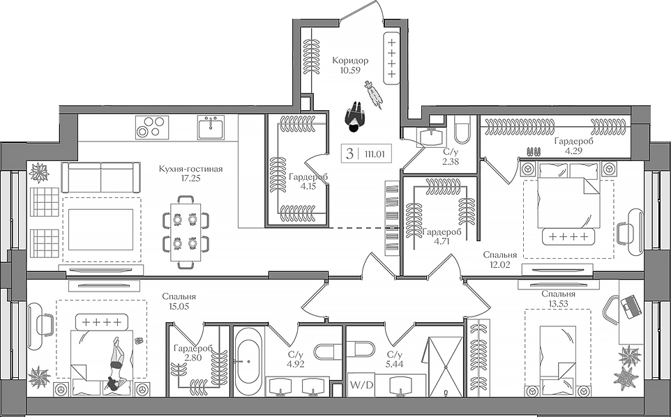 4+ комнаты, 111.01 м², 2/14 этаж, ЖК «Преображенская площадь»