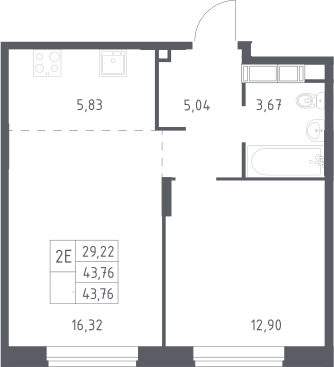 2-комн., 43.76 м², 18/22 этаж, ЖК «Новоград Павлино»