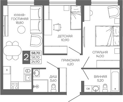 2-комн. квартира, 58.7 м² в ЖК Иначе в Молодежном — фото 2
