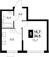 1-комн., 34.5 м², 18/18 этаж, ЖК «1-й Ясеневский»
