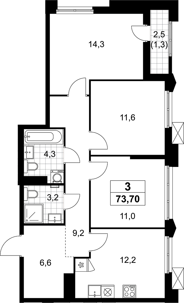 3-комн., 72.4 м², 14/14 этаж, ЖК «Деснаречье»
