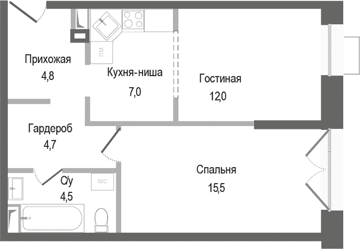 2-комн., 48.5 м², 2/4 этаж, ЖК «Киноквартал»