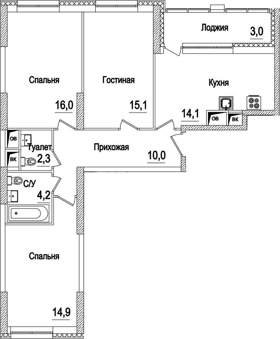 3-комн., 77 м², 16/21 этаж, ЖК «Рассказово»