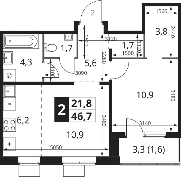 2-комн., 45 м², 5/17 этаж, ЖК «1-й Ясеневский»