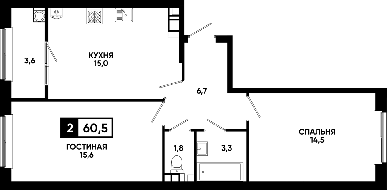 2-комн., 56.9 м², 9/12 этаж, ЖК «Кварталы 17/77»