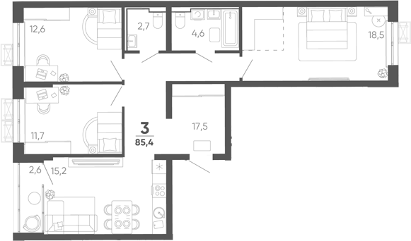 3-комн. квартира, 82.8 м² в ЖК Барса — фото 2