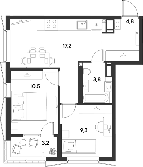 2-комн., 45.6 м², 5/18 этаж, ЖК «Ридз»