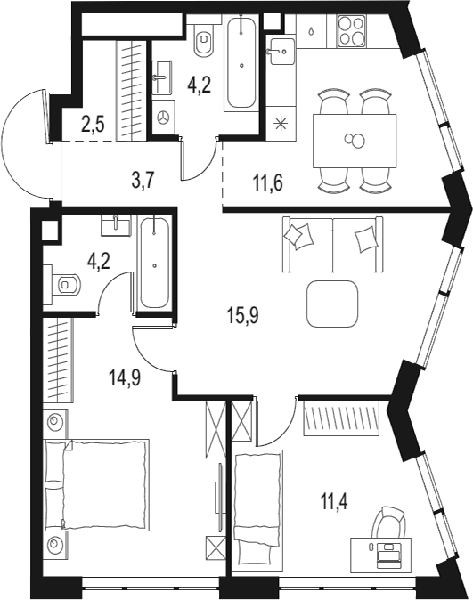 3-комн., 68.4 м², 36/42 этаж, ЖК «Левел Мичуринский»