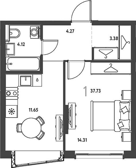 1-комн., 37.73 м², 3/16 этаж, ЖК «Страна.Парковая»