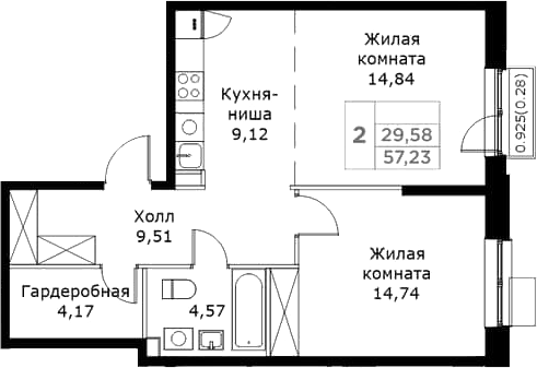 2-комн., 56.95 м², 15/25 этаж, ЖК «КИТ»