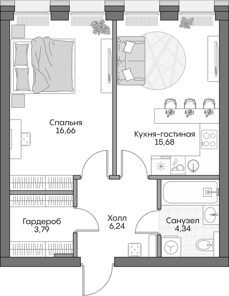 2-комн., 46.2 м², 7/16 этаж, ЖК «Инсайдер»