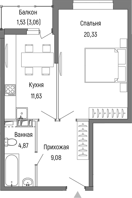 1-комн., 45.91 м², 6/9 этаж, ЖК «Рига Хиллс»