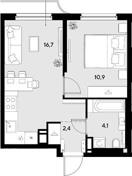 1-комн., 34.1 м², 7/9 этаж, ЖК «Грейд»