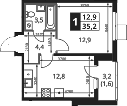 1-комн., 34 м², 8/8 этаж, ЖК «1-й Ясеневский»