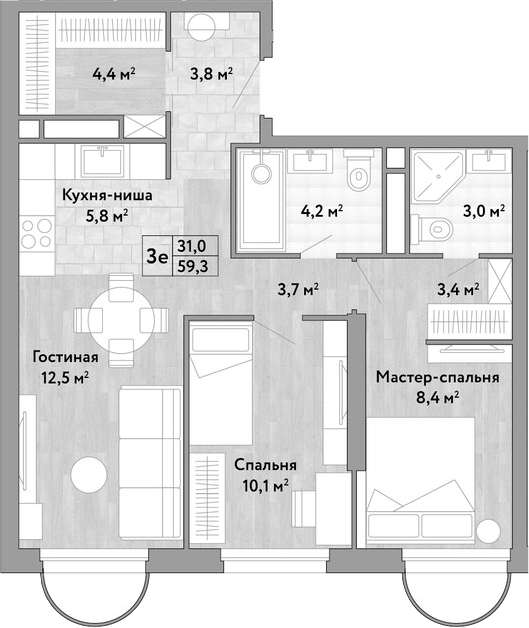 3-комн., 59.3 м², 4/13 этаж, ЖК «Новые Смыслы»