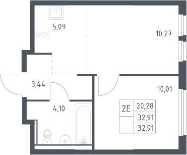 2-комн., 32.91 м², 10/17 этаж, ЖК «Пригород Лесное»