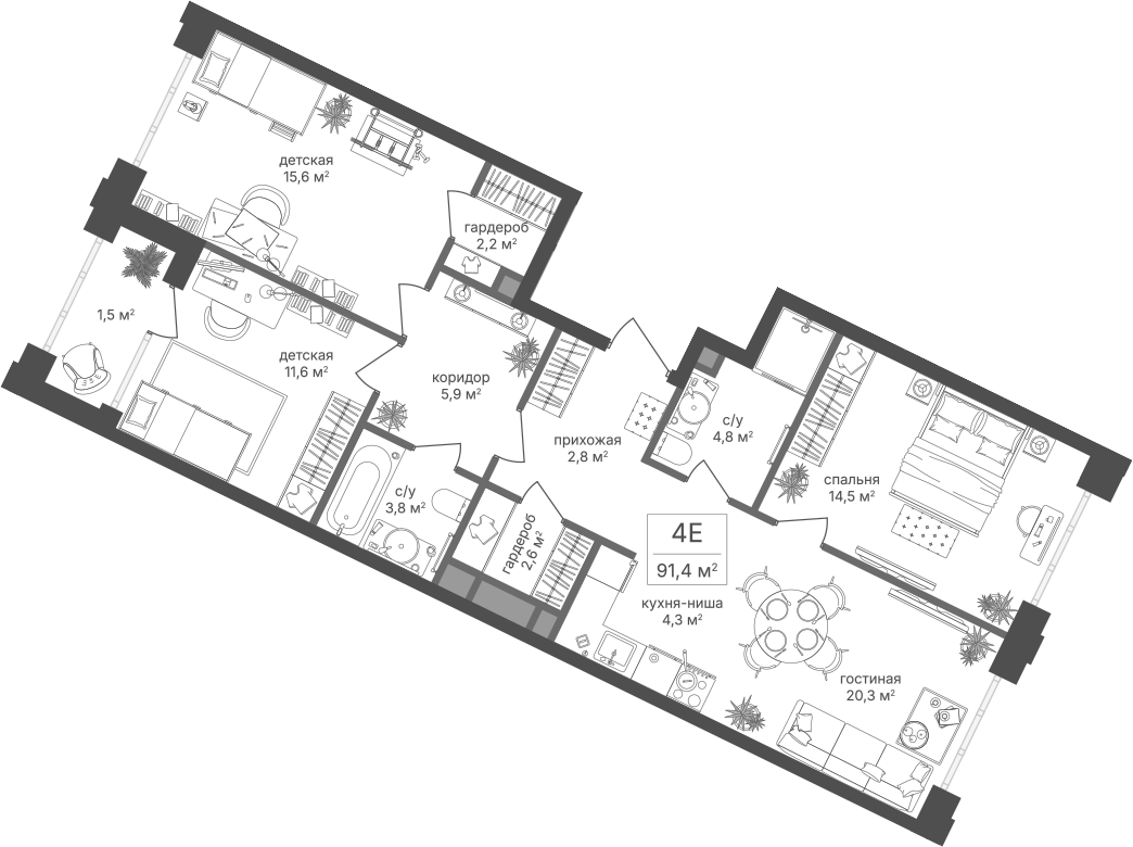 4+ комнаты, 88.4 м², 4/20 этаж, ЖК «Михалковский»