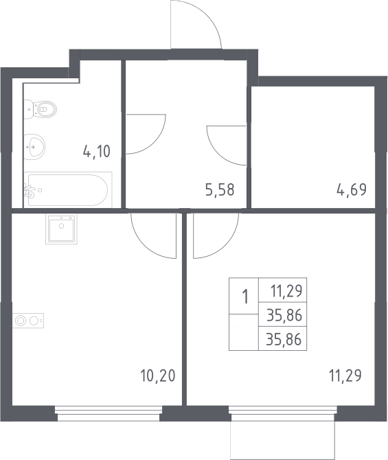 1-комн., 35.86 м², 14/15 этаж, ЖК «Пригород Лесное»