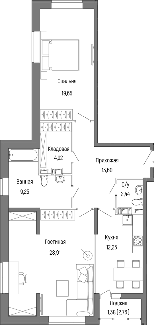 2-комн., 89.72 м², 5/9 этаж, ЖК «Рига Хиллс»