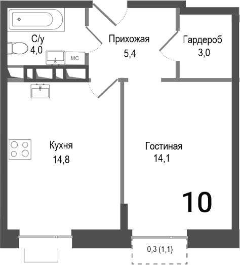 1-комн., 41.3 м², 3/8 этаж, ЖК «Киноквартал»