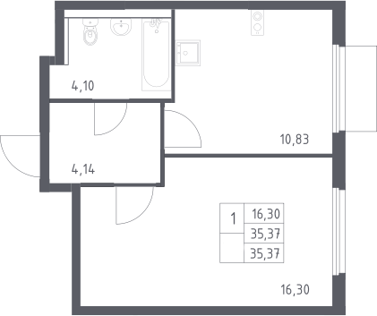 1-комн., 35.37 м², 15/17 этаж, ЖК «Пригород Лесное»