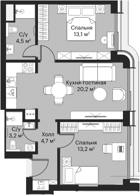 3-комн., 57.8 м², 21/53 этаж, ЖК «Сити Бэй»