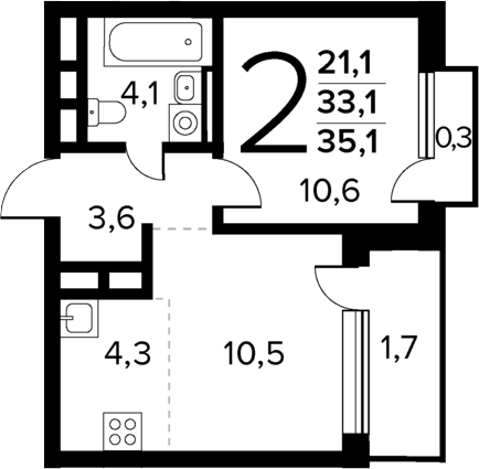 2-комн., 33.1 м², 10/12 этаж, ЖК «Новые Ватутинки Квартал у реки»