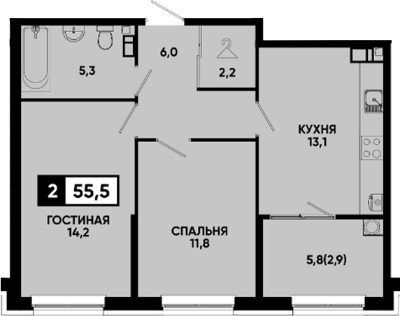 2-комн., 52.6 м², 5/14 этаж, ЖК «Квартал на курорте Моя Легенда»