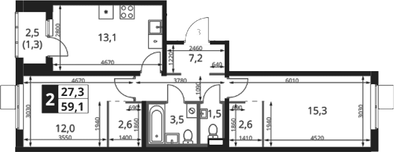 2-комн., 57.8 м², 3/18 этаж, ЖК «1-й Ясеневский»