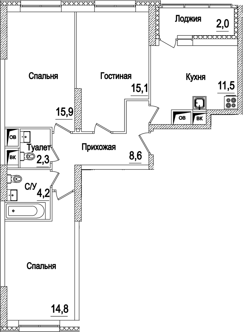 3-комн., 72.4 м², 21/22 этаж, ЖК «Рассказово»
