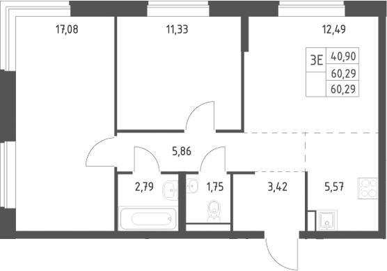 3-комн., 60.29 м², 7/12 этаж, ЖК «Новое Видное»