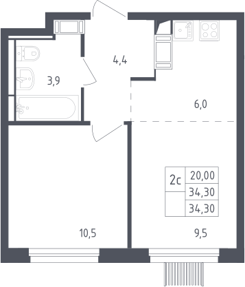 2-комн., 34.3 м², 16/17 этаж, ЖК «Мытищи Парк»